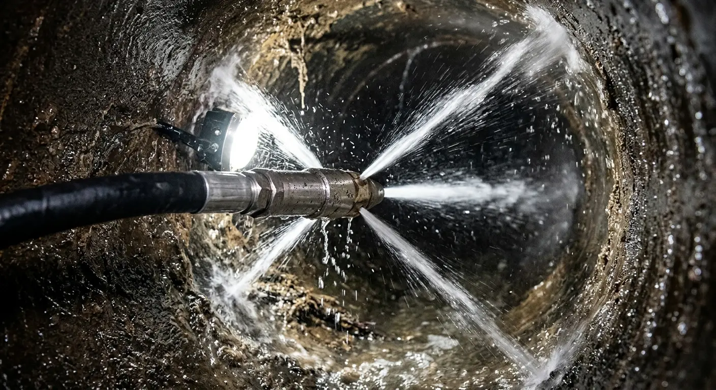 High-pressure hydro jetting nozzle cleaning sewer pipe for Sewer Cleanout in Rowlett