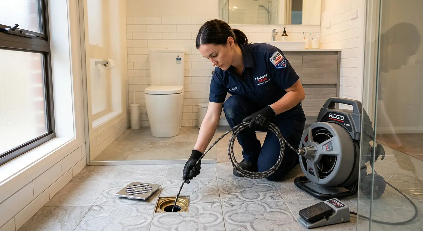 Technician clearing a bathroom floor drain for Sewer Line Installation in Rowlett